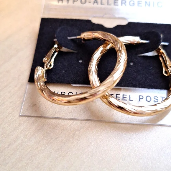 3 for $15 Textured Gold Hoop Earrings - Picture 3 of 4